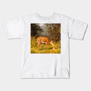 Deer and calf in nature. Colorful, vintage painting Kids T-Shirt